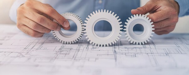 A person's hands adjust three white gears on a blueprint, symbolizing engineering, design, and innovation in mechanical assembly.