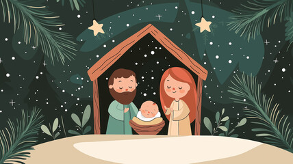 Mary and Joseph lovingly gaze at baby Jesus, who rests in a manger among gentle stars. This illustration represents the essence of faith and the miraculous Christmas story