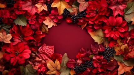 Wall Mural - Beautiful Autumn Floral Frame in Rich Red Tones