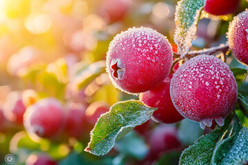 Poster - Red cranberry fruits with frost glimmer in the soft morning sunlight, showcasing nature beauty during autumn