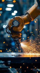 Poster - a robotic arm performs precision metal cutting in an industrial workshop, showcasing advanced manufa
