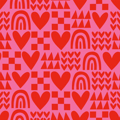 Wall Mural - Red love heart mosaic seamless pattern illustration. Cute romantic pink hearts patchwork background print. Valentine's day holiday backdrop texture, romantic wedding design.