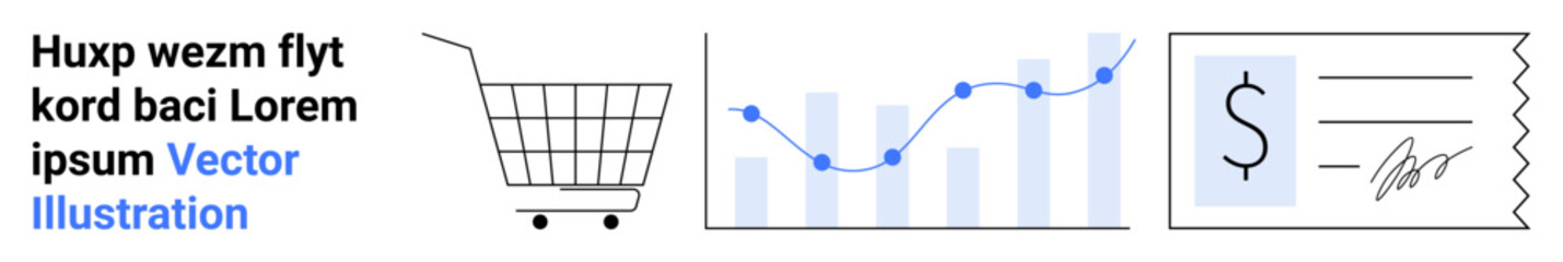 Shopping cart, line chart with data points, signed receipt reflect the growth of e-commerce. Ideal for finance, business growth, online retail, data analysis, marketing, financial planning, website