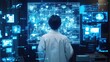© MAGNIFIER - Back view of doctor in hospital area surrounded by digital icons and medical technology