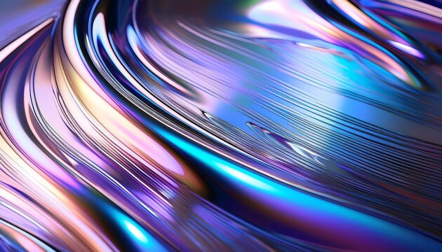 Dynamic, colorful waves showcase iridescent, metallic material in abstract background flow and swirl