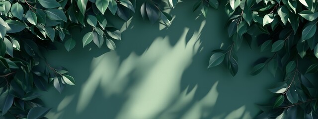 Poster - lush green leaves cast shadows on a soft green background during daylight, creating a serene and tra