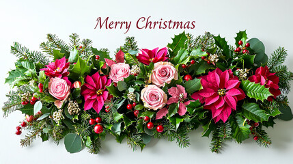 Aufkleber - A colorful arrangement adorned with poinsettias, roses, and fresh greenery conveys a warm holiday spirit with a Merry Christmas greeting above