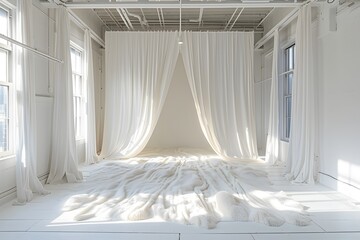 Sticker - Serene Minimalist Space with Flowing White Drapes and Soft Textures