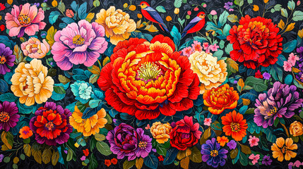Poster - A stunning mural showcases large peonies in various colors surrounded by smaller flowers and birds, creating a lively atmosphere in bright daylight