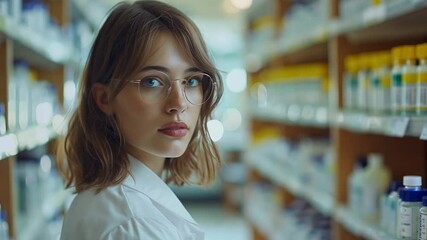 Aufkleber - This young woman wearing glasses examines the shelves of a laboratory filled with various substances.