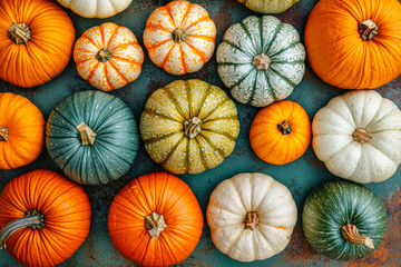 Poster - A collection of pumpkins in a variety of shapes and colors showcases the beauty of autumn harvest season