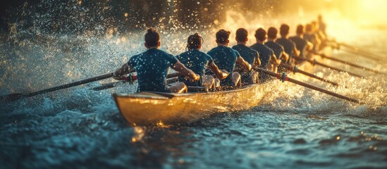 A rowing team races through the water at sunset, creating a spray of water.