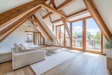 Sticker - The picture showcases a roomy stylish attic with visible beams a big window and laminate floors highlighting a modern interior design option