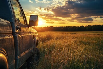 Wall Mural - The truck is parked in a field at sunset embodying the essence of rural travel