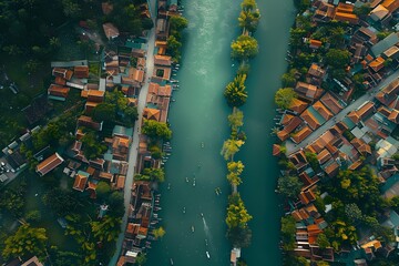 Wall Mural - Aerial View of a Serene River Flowing Through a Picturesque Village