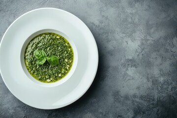 Sticker - Top view of a tasty Caprese salad with pesto on a grey table Room for text