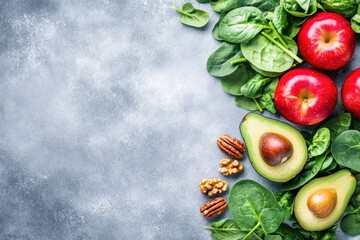 Sticker - Top view of fruit salad featuring red apples avocado spinach and walnuts against a light backdrop with empty space