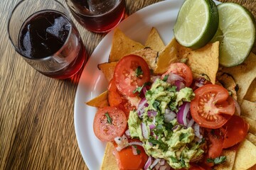 Top view of Spanish nachos with guacamole tomatoes onions and two glasses of sangria