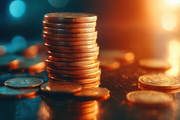 Poster - Stacked Coins on Table with Dark Background