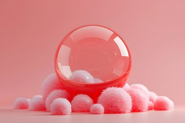 Poster - Ethereal Pink Sphere Surrounded by Soft Textured Orbs on a Blush Background