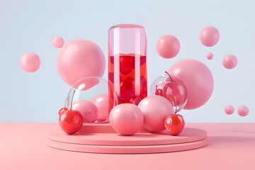 Poster - Vibrant Pink Composition with Bubbles and Cherries