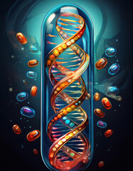 Poster - A DNA strand encased in a glass capsule, symbolizing the essence of life and genetic information. Generative AI.