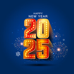 Happy new year 2025 vector 3d Golden logo- decorated with lights and fireworks background.