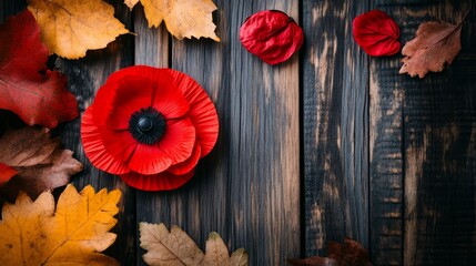 Wall Mural - Red Poppy Flowers and Autumn Leaves on Wooden Background