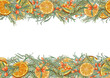 © Masha_tolk_art - Orange slices, sea buckthorn berries among spruce branches watercolor horizontal frame with empty space for text. Citrus, berries, evergreen ingredients for winter, Xmas warming drinks