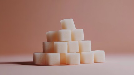 Poster - White sugar cubes arranged in a pyramid shape on a pink background, symbolizing the concept of sugar intake and its impact on health and lifestyle choices