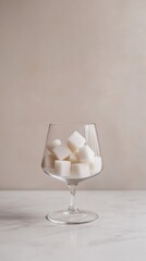 Poster - Stemmed glass filled with sugar cubes sits on a marble table against a minimalist beige background, symbolizing excessive sugar intake, addiction, and the need for sugar reduction
