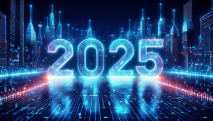 Digital Cityscape:  2025  - A futuristic, neon-lit cityscape  glows with the promise of a new year. The number 2025,  formed of  digital  data, dominates  the scene.