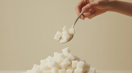 Poster - Hand using a spoon to pick up sugar cubes from a pile of sugar, symbolizing sugar consumption, addiction, and the need for sugar reduction or a sugar free lifestyle