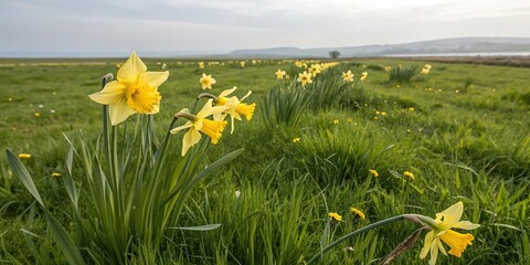 Wall Mural - daffodil flowers standing tall in a sea of green grass, foliage, spring, meadow