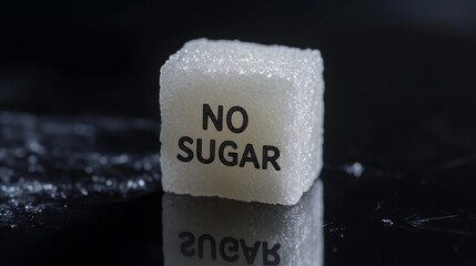 Poster - Single sugar cube with no sugar inscription is lying on black reflective surface, promoting sugar free diet and representing sugar reduction concept