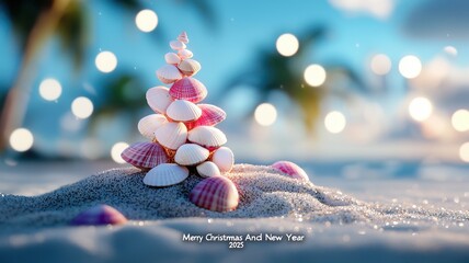 Colorful seashells arranged in a festive sculpture on sandy beach, soft bokeh background.