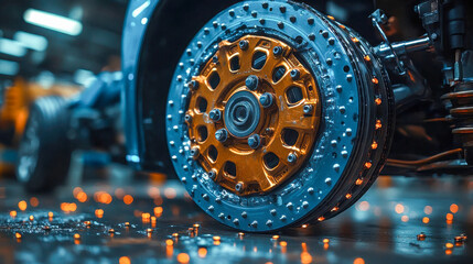 A shiny metallic brake disc in an industrial setting, showcasing precision engineering and craftsmanship