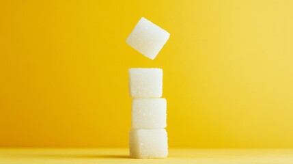 Aufkleber - Four sugar cubes balancing carefully on a vibrant yellow backdrop symbolize sugar reduction, portion control, and the pursuit of a low sugar or sugar free lifestyle
