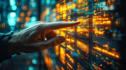 Poster - Close-up of a hand touching a futuristic digital interface with glowing data