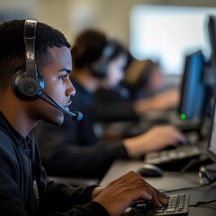 Poster - Headsets and phones are set up at a call center, ready to help customers. This shows how businesses provide support through phone calls.