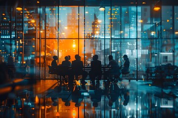 Fototapete - Dynamic Business Meeting Against a City Skyline at Dusk