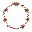 © Masha_tolk_art - Cardamom, star anise, clove, red peppers and cloves watercolor isolated round frame with copy space for text. Aroma winter spice ingredients for Xmas drinks design, menu decor, greeting cards.