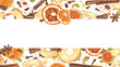 © Masha_tolk_art - Aromatic dried fruits with winter spices horizontal border on watercolor splashes. Cinnamon sticks, dried orange, and apple slices, cardamom, anise and cloves illustration with copy space for text