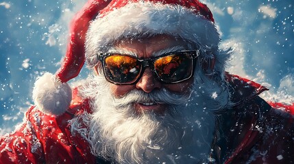 Santa Claus in a joyful pose with sunglasses in a red suit with a modern twist plain isolated background highlights his character