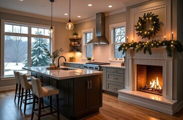 White interior of a cozy modern Christmas kitchen with a burning fireplace, utensils. Christmas decor of a contemporary kitchen with a cooked dinner. 