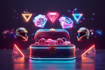 Poster - Vibrant Treasure Chest Surrounded by Glowing Gems and Futuristic Elements