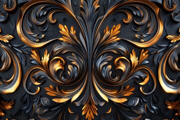 Wall Mural - Elegant Baroque Floral Design in Black and Gold