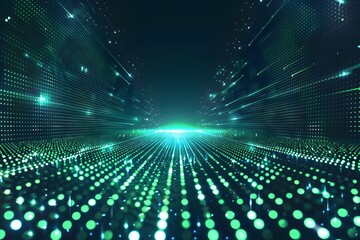 Poster - Futuristic Digital Landscape with Glowing Green Dots and Light Trails