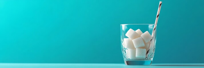 Poster - Glass full of refined sugar cubes with straw on turquoise background representing excessive sugar consumption, unhealthy lifestyle, sugar addiction, and need for sugar reduction