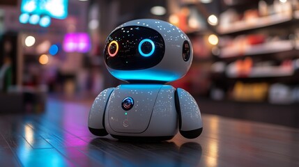 Poster - AI assistant robot comparing prices in a retail store during daytime